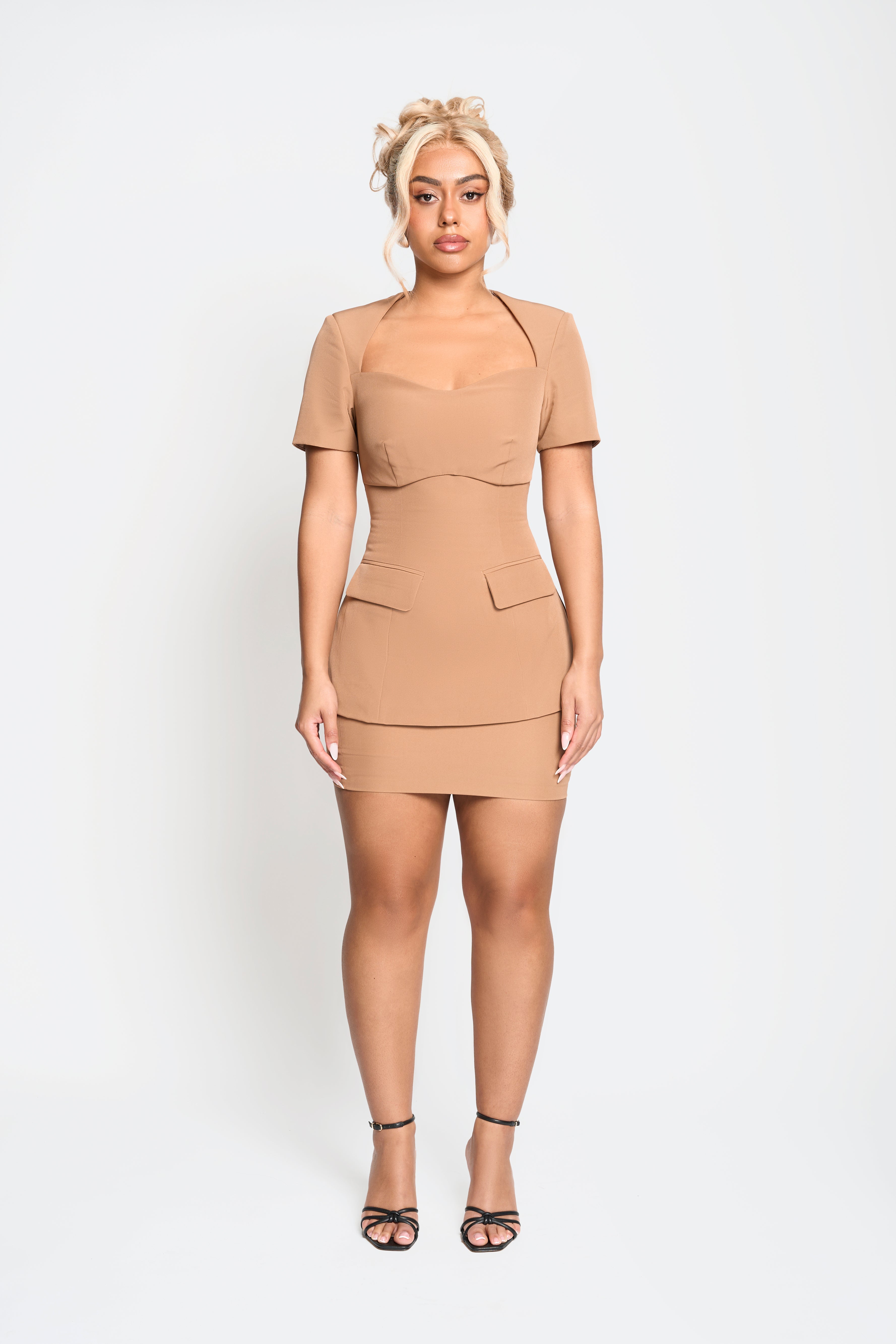 Anastasia Set in Nude – Fitted mini two-piece with padded bralette top | Tasha Godwin