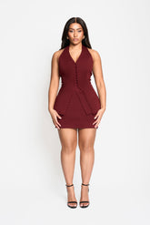 Inizio Halter Co-ord Set in Burgundy – Tailored fit mini set with halter neckline | Tasha Godwin