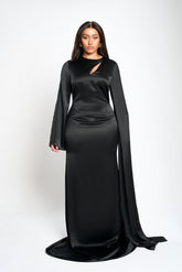 Noirette Silk Gown in Black – Asymmetric silk dress with beaded trim | Tasha Godwin