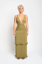 Solara Pleated Gown in Olive Green – Tiered maxi with structured bodice and soft pleats | Tasha Godwin
