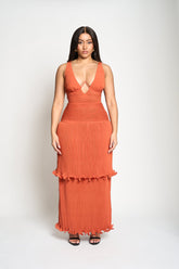 Solara Pleated Gown in Orange – Elegant structured bodice and full pleated tiers | Tasha Godwin