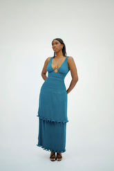 Solara Pleated Maxi Dress – Structured Bodice & Tiered Gown – Teal - Tashagodwin