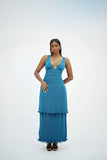 Solara Pleated Maxi Dress – Structured Bodice & Tiered Gown – Teal - Tashagodwin