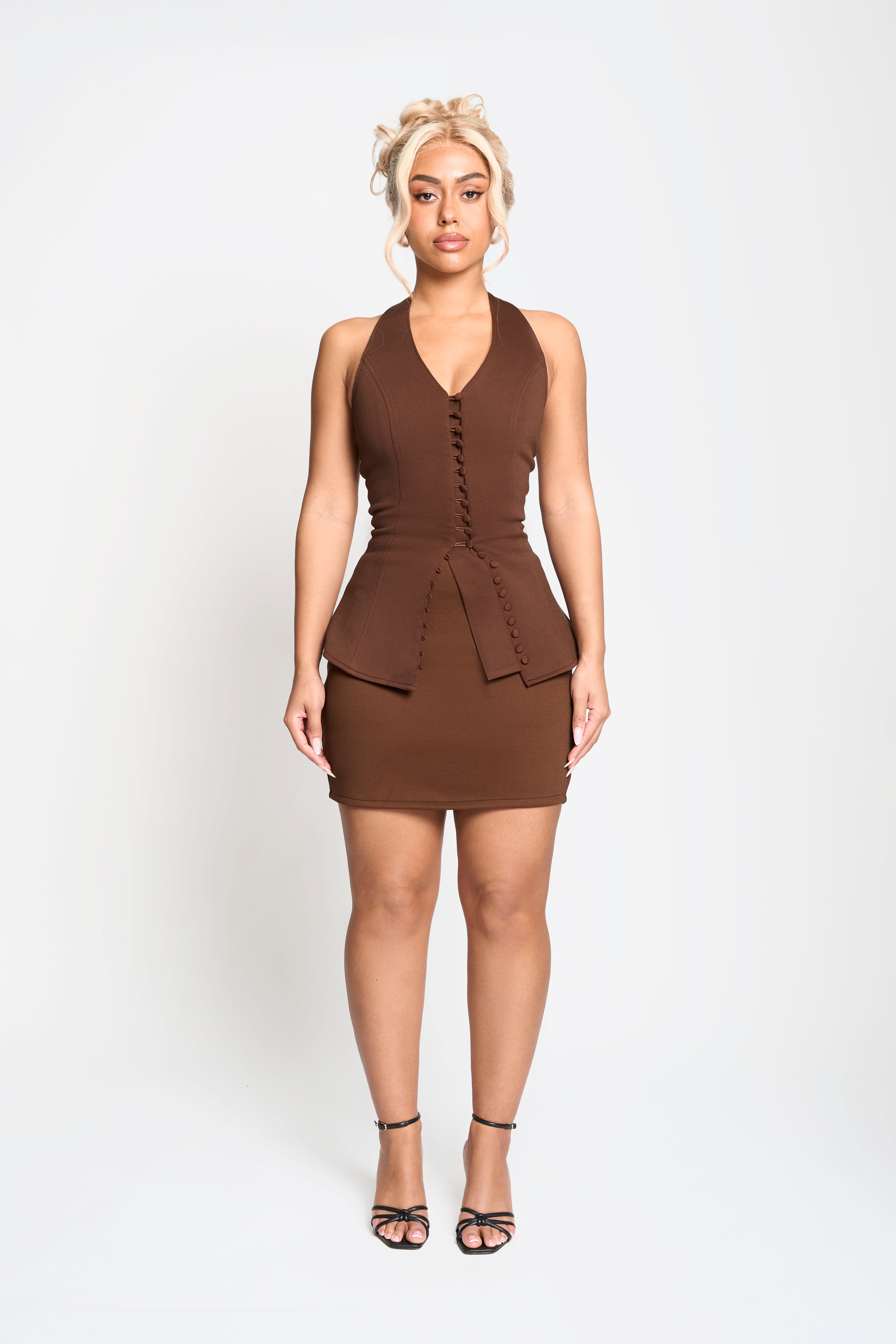 Inizio Halter Co-ord Set in Brown – Sculpted mini set with button detail | Tasha Godwin
