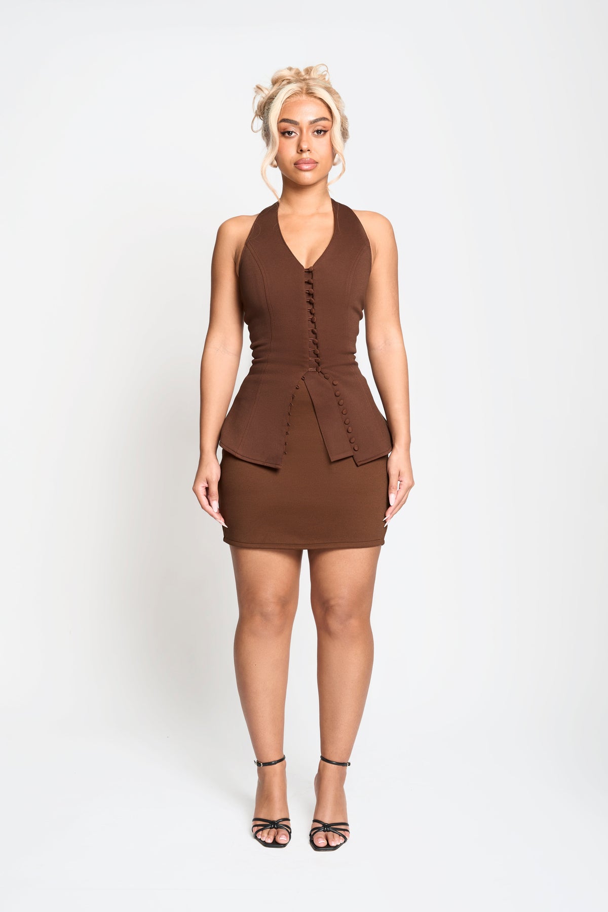 Inizio Halter Co-ord Set in Brown – Sculpted mini set with button detail | Tasha Godwin
