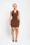 Inizio Halter Co-ord Set in Brown – Sculpted mini set with button detail | Tasha Godwin
