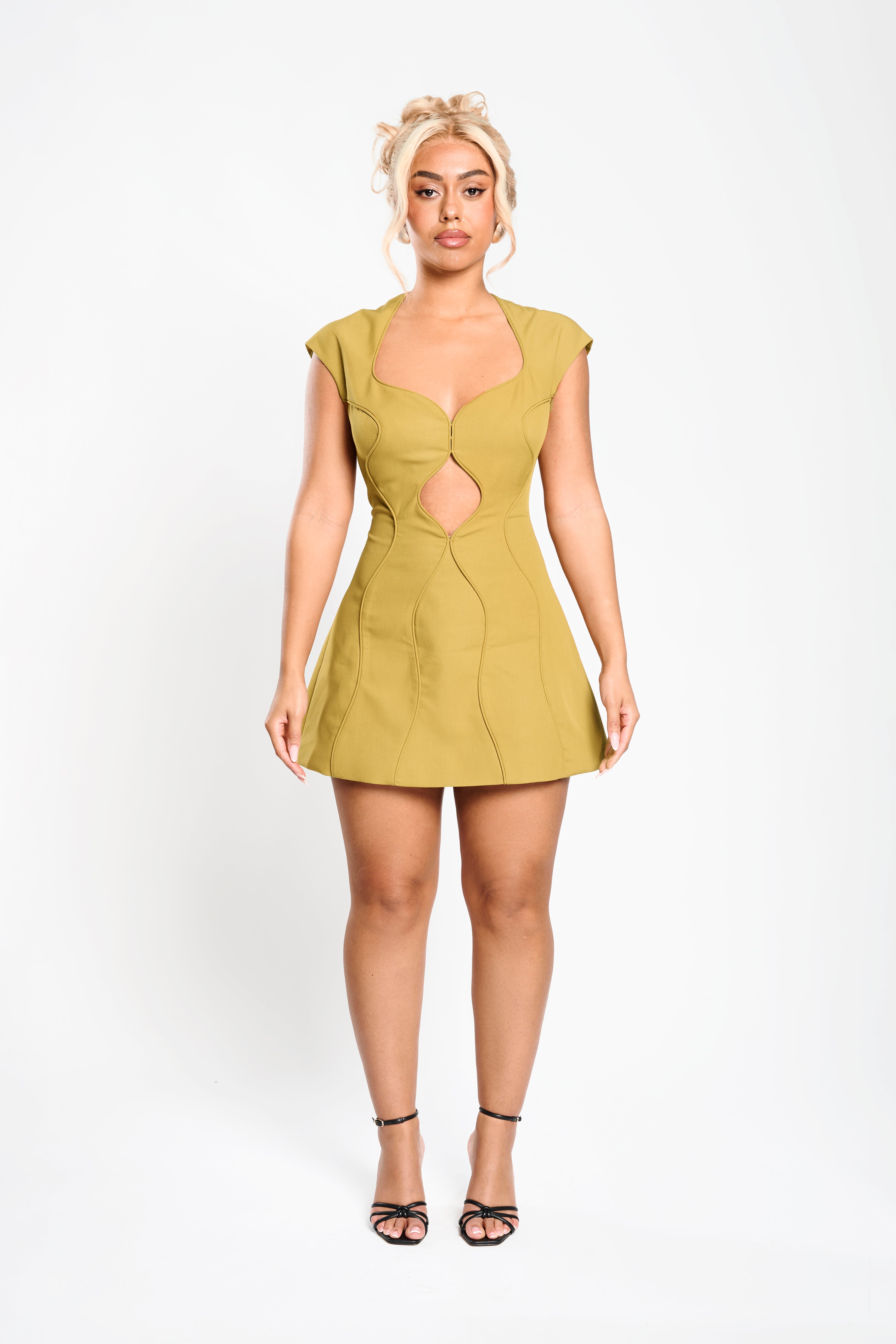 Moira Mini Dress in Mustard Yellow – Structured sculpted dress with wave-cut neckline | Tasha Godwin
