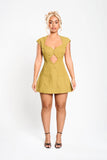 Moira Mini Dress in Mustard Yellow – Structured sculpted dress with wave-cut neckline | Tasha Godwin
