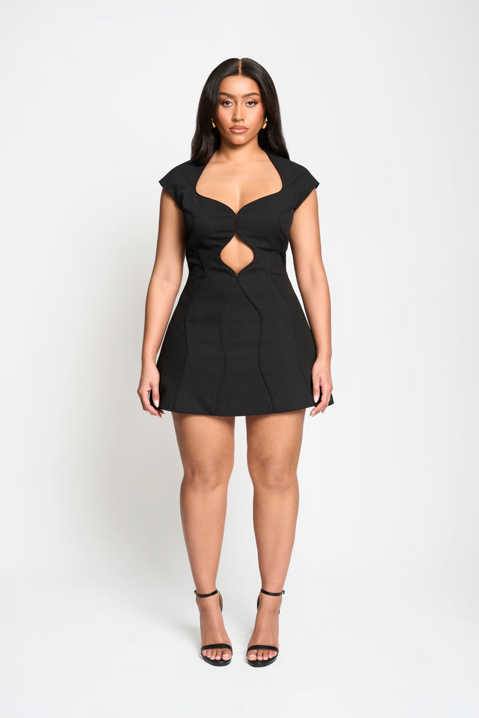 Moira Sculpted Mini Dress – Curved Hem Cutout – Black