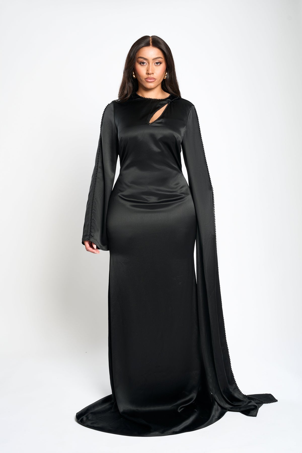 Noirette Silk Gown in Black – Asymmetric silk dress with beaded trim | Tasha Godwin
