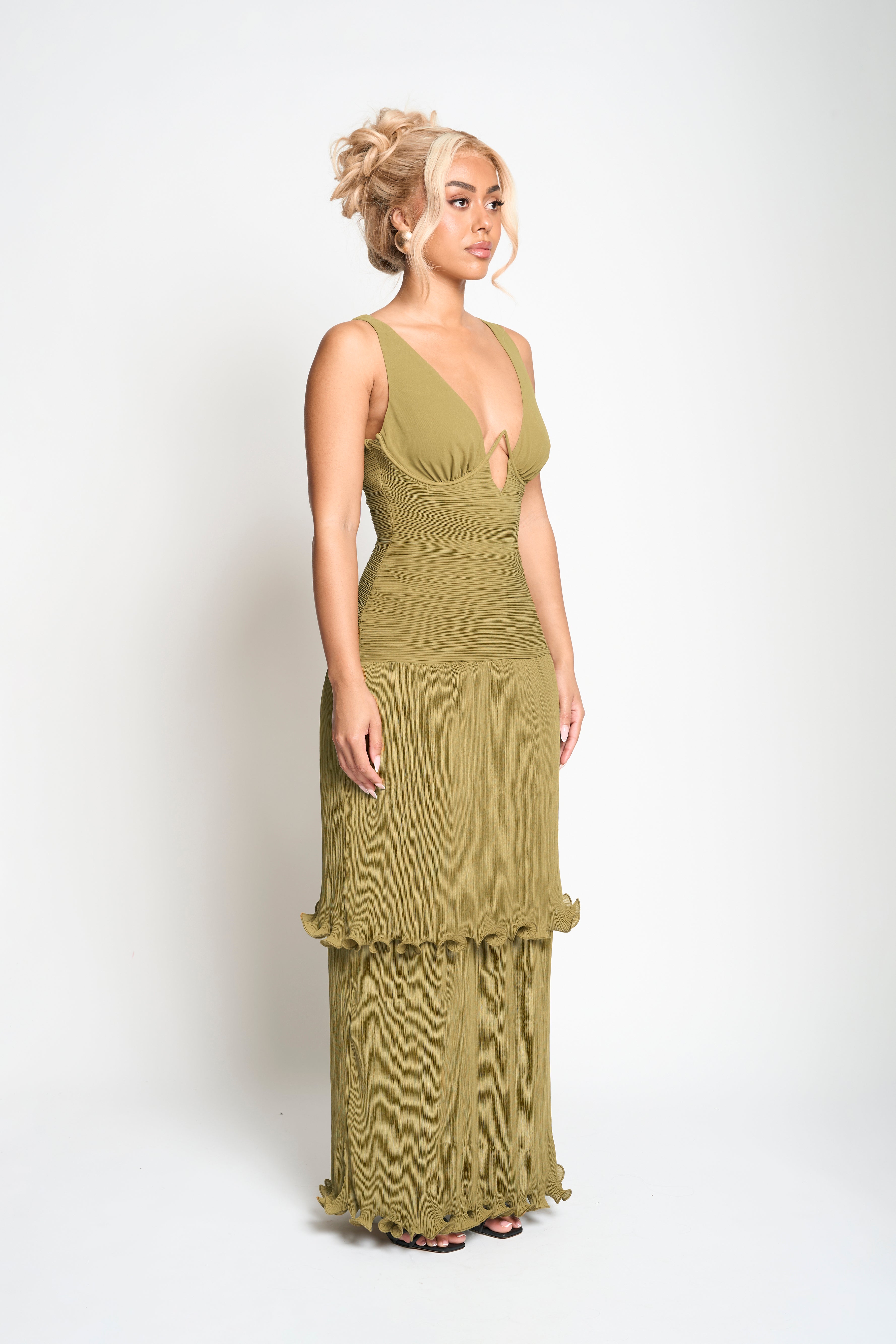 tortoise green color dress Laetitia Green Pleated Train Ruched Maxi Dress, XS / Green
