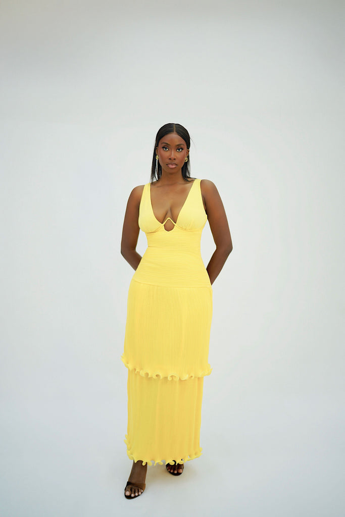 Solara Pleated Maxi Dress – Structured Bodice & Tiered Gown – Butter Yellow Yellow / 10