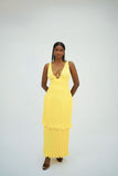 Solara Pleated Maxi Dress – Structured Bodice & Tiered Gown – Butter Yellow - Tashagodwin
