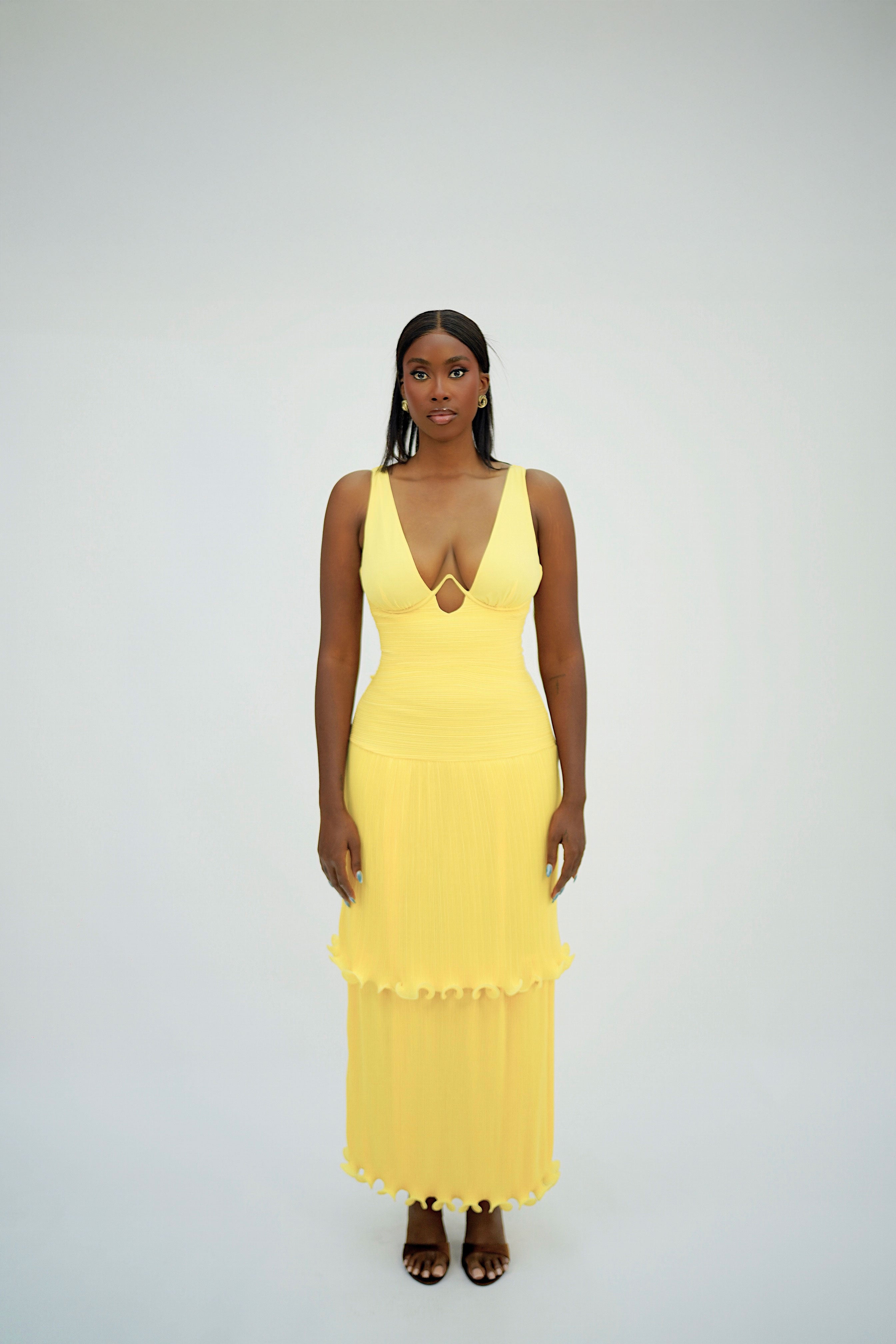 Solara Pleated Maxi Dress Structured Bodice & Tiered Gown Butter Y Tashagodwin Solara Pleated Maxi Dress Structured Bodice & Tiered Gown Butter Y Tashagodwin