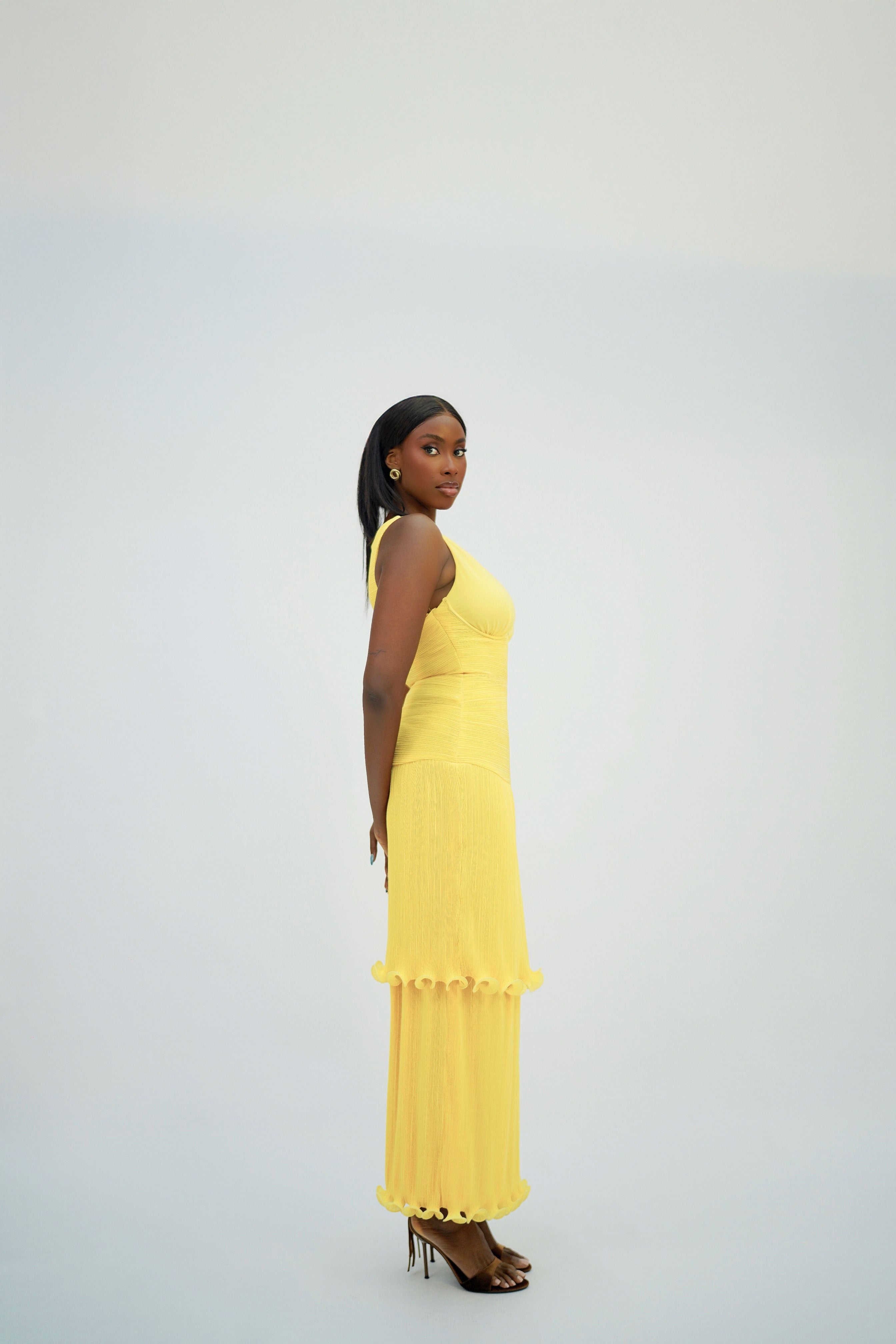 Solara Pleated Maxi Dress – Structured Bodice & Tiered Gown – Butter Yellow - Tashagodwin