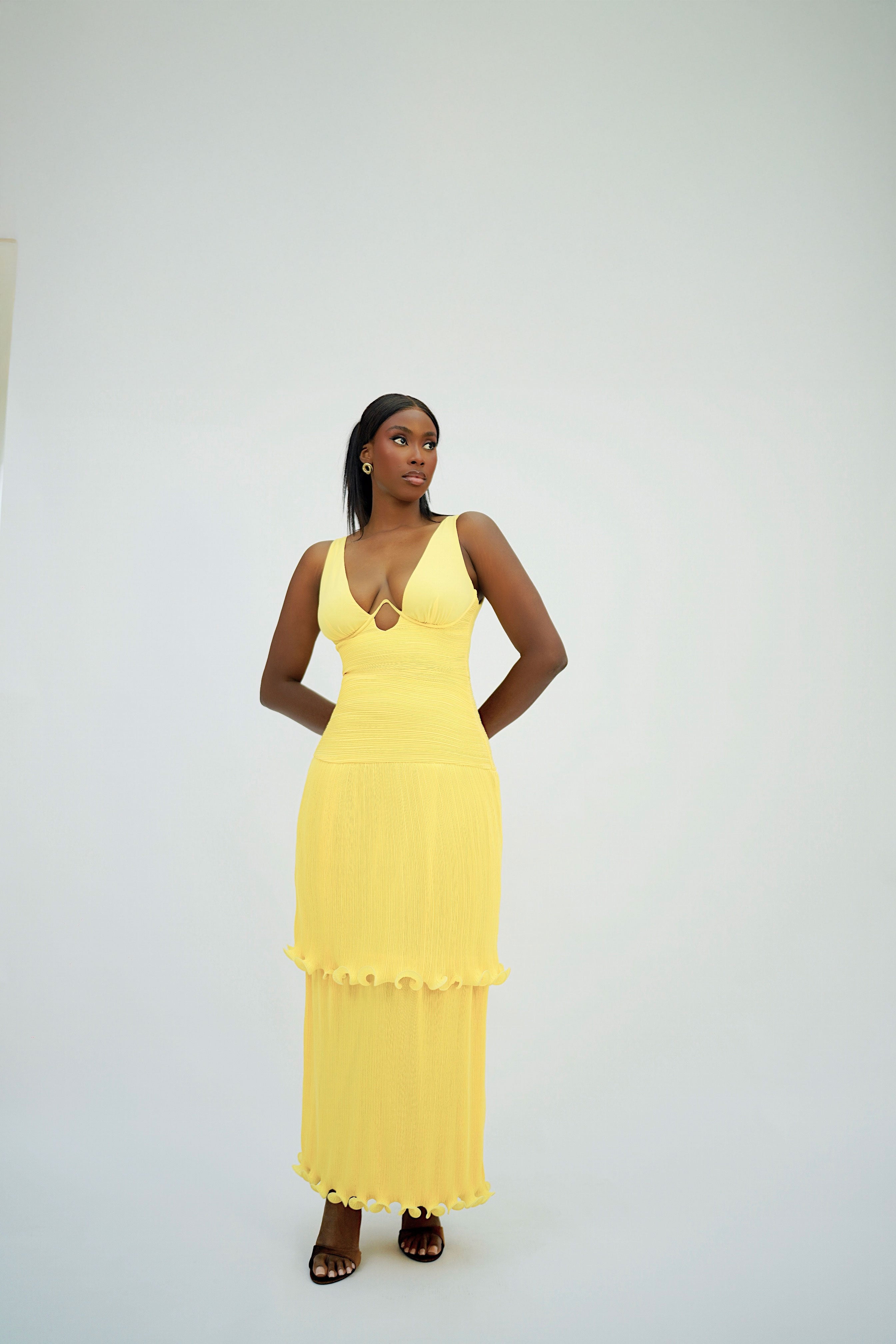 Solara Pleated Maxi Dress – Structured Bodice & Tiered Gown – Butter Yellow - Tashagodwin