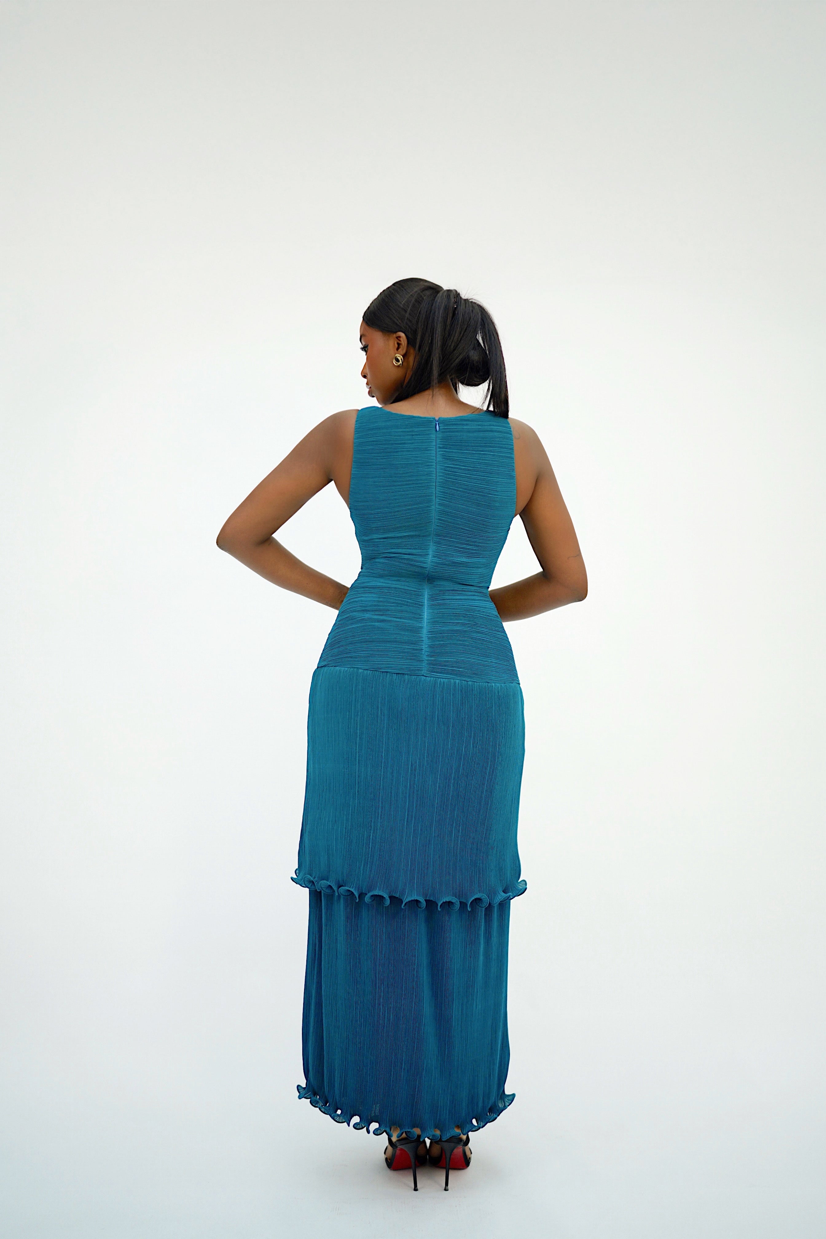 Solara Pleated Maxi Dress – Structured Bodice & Tiered Gown – Teal Teal green / 16 Solara Pleated Maxi Dress – Structured Bodice & Tiered Gown – Teal Teal green / 16